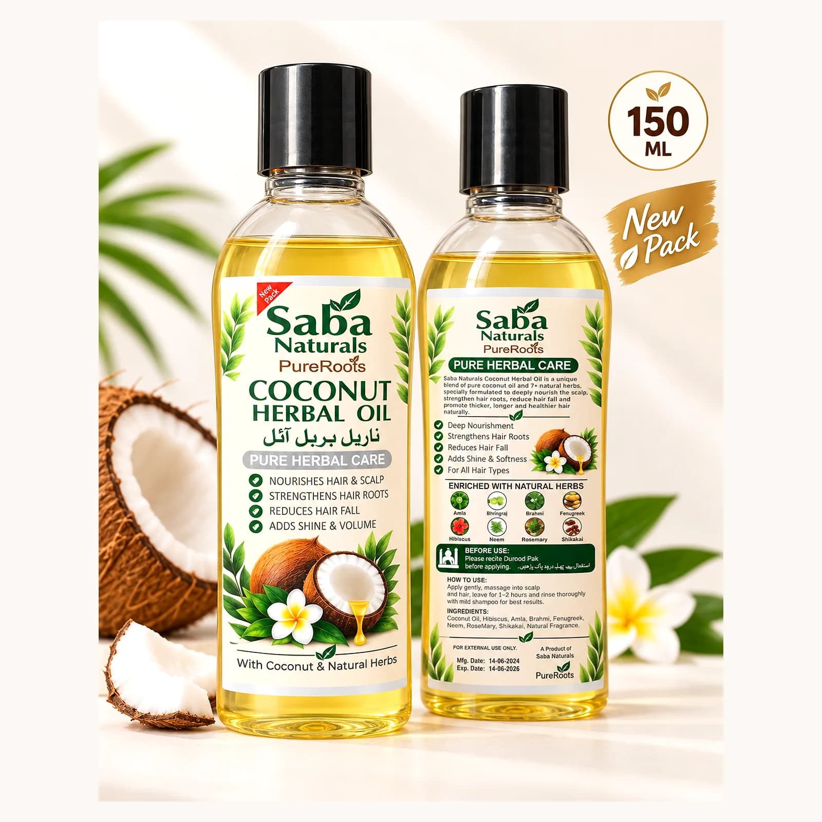 PureRoots Coconut Herbal Oil 150ml bottles with coconut and herbs